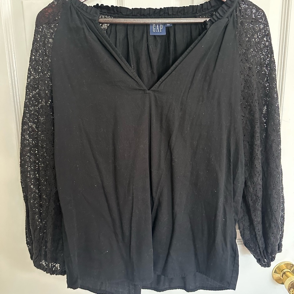 GAP Women's Elegant Black Blouse with Lace Sleeves